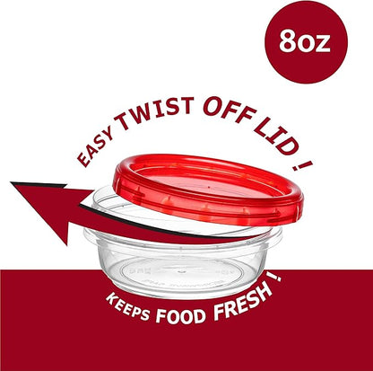 ELEGANT DISPOSABLES (8 Ounce 10 Pack) Twist cap Containers Clear Bottom With Red Top Screw on Lids Twist Top Food Storage Freezer Containers