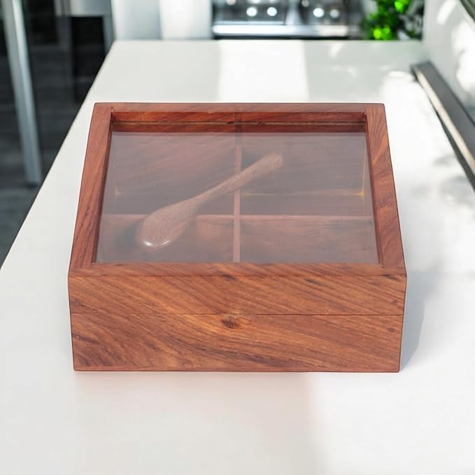 Wooden Spice Box, Masala Container, Condiments Storage Case for Kitchen, Multipurpose Decorative Box - Indian Rosewood Crafted