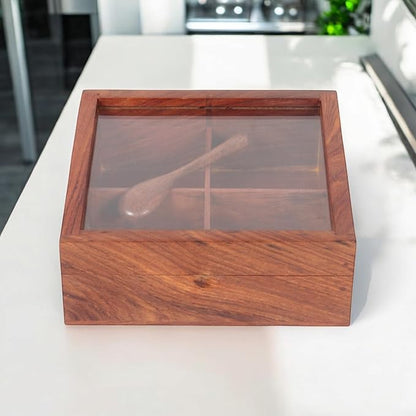 Wooden Spice Box, Masala Container, Condiments Storage Case for Kitchen, Multipurpose Decorative Box - Indian Rosewood Crafted