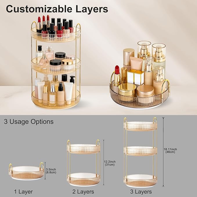 360 Rotating Makeup Organizer for Vanity, 3 Tier Perfume Skincare Organizers and Storage for Bathroom Countertop, Large Capacity Clear Spinning Counter Cosmetic Holder for Dresser, Amber Gold