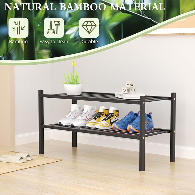 ROMGUAR CRAFT 2 Tier Bamboo Shoe Rack for Closet Free Standing Wood Shoe Shelf for Entryway Small Space Stackable 27"x11"x13" (Black)