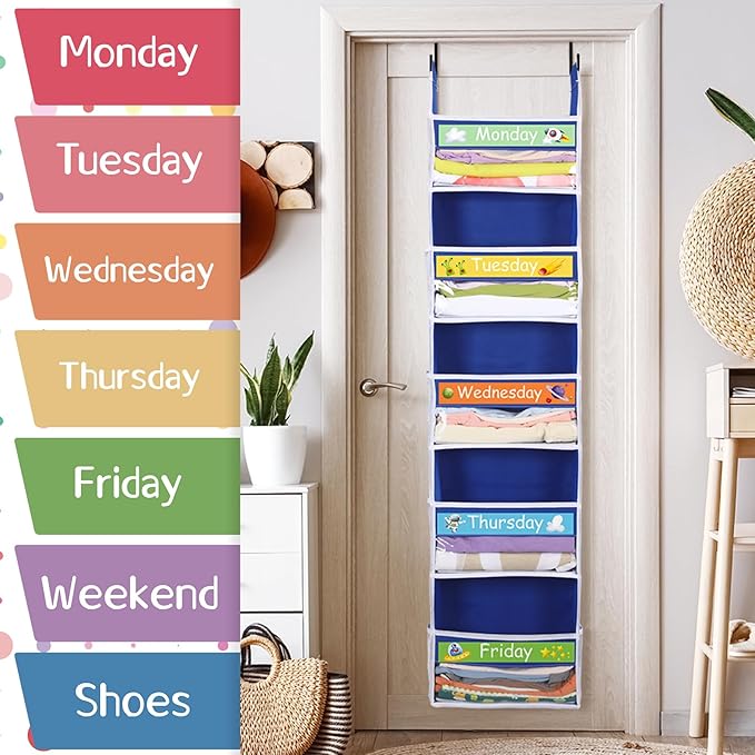 2 Pack 5 Shelf Weekly Clothes Organizer for Kids Over the Door Hanging Storage Monday through Friday Heavy Duty Clothes Organization for Bathroom Nursery Bathroom Kitchen(Blue)
