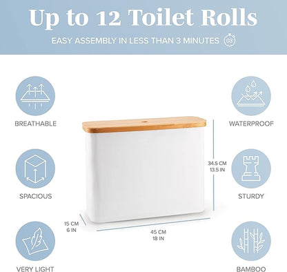 LONBET Toilet Paper Storage for 12 Rolls, Stackable & Foldable - The Ultimate Bathroom Organizer - Waterproof Basket with Bamboo Lid - Elegant Toilet Paper Storage Holder, Light Gray