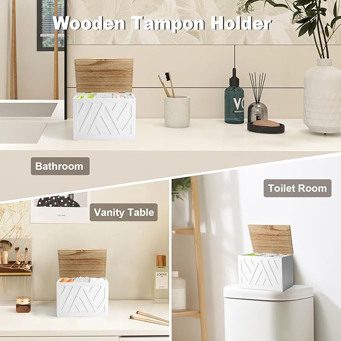 Tampon Holder for Bathroom, Feminine Product Organizer, Pad Organize Case with Lid, Shark Week Wooden Tampon Storage Decor, Lady Girl Stuff Box for Toilet Bathroom Accessories- White