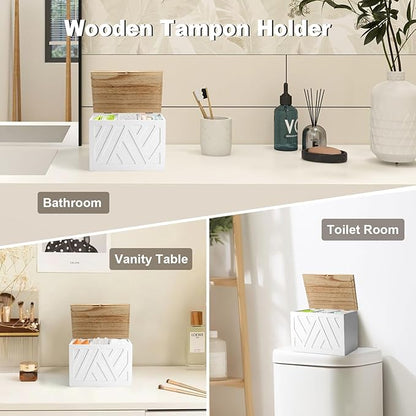 Tampon Holder for Bathroom, Feminine Product Organizer, Pad Organize Case with Lid, Shark Week Wooden Tampon Storage Decor, Lady Girl Stuff Box for Toilet Bathroom Accessories- White
