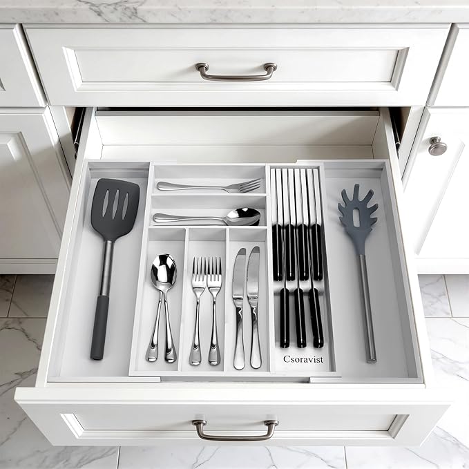 9-Piece Bamboo Kitchen Drawer Organizer Set, Expandable Silverware &Utensil Organizer with Removable Knife Block & Steak Knives, Flatware Organization, Tableware Dividers Storage(White)
