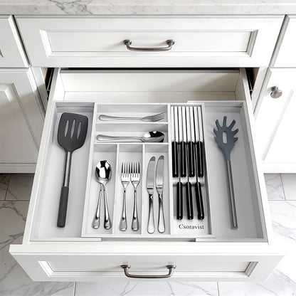 9-Piece Bamboo Kitchen Drawer Organizer Set, Expandable Silverware &Utensil Organizer with Removable Knife Block & Steak Knives, Flatware Organization, Tableware Dividers Storage(White)