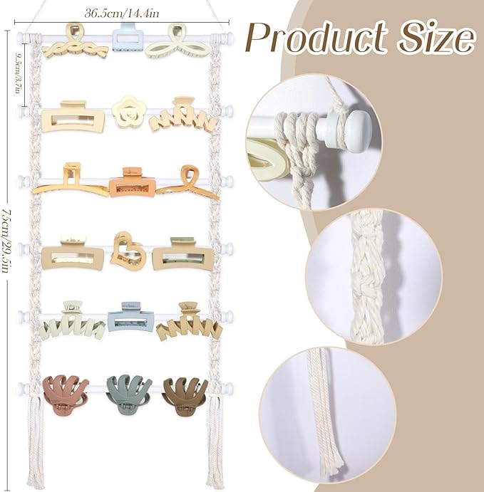 SNOWSTAR Macrame Hair Claw Clip Organizer,White Hanging Hair Clip Holder and Storage for Women Girls,Claw Clip Hanger Home Decor for Wall,Door,Closet