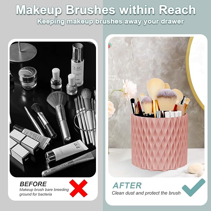 WAFJAMF Makeup Brush Holder 360 Rotating Cosmetics Holders Storage Cup for Vanity Desktop Bathroom Countertop 5 Slot Makeup Brushes Container - Classic Style - Pink