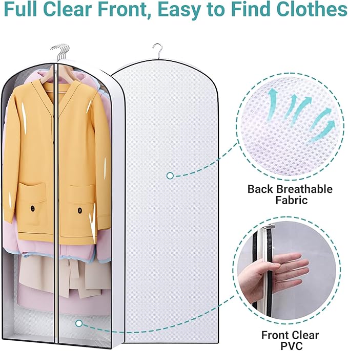 SLEEPING LAMB 60" Long Hanging Garment Bags for Closet Storage Gusseted Clear Dress Bag for Clothes, Gowns, Coats, Suits, 5 Packs