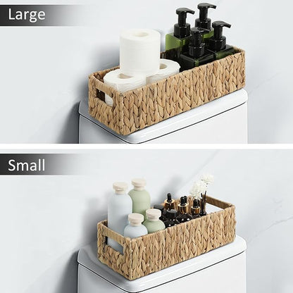 Graciadeco Nesting Small Wicker Basket, Water Hyacinth Toilet Paper Baskets Bathroom Organizer Woven Long Narrow Baskets for Organizing Pantry Bathroom Toilet Tank, 2 Pack