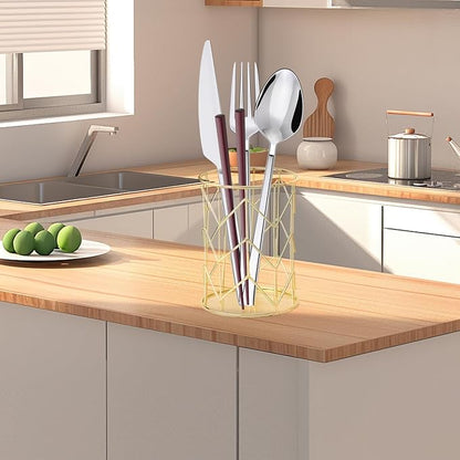Tissting Gold Cutlery Basket Organizer 3.3×4.3in/8.4×10.9cm, Hollow Metal Utensil Holder for Spoon Fork Chopsticks, Kitchen Tableware Storage Caddy, Countertop Accessory