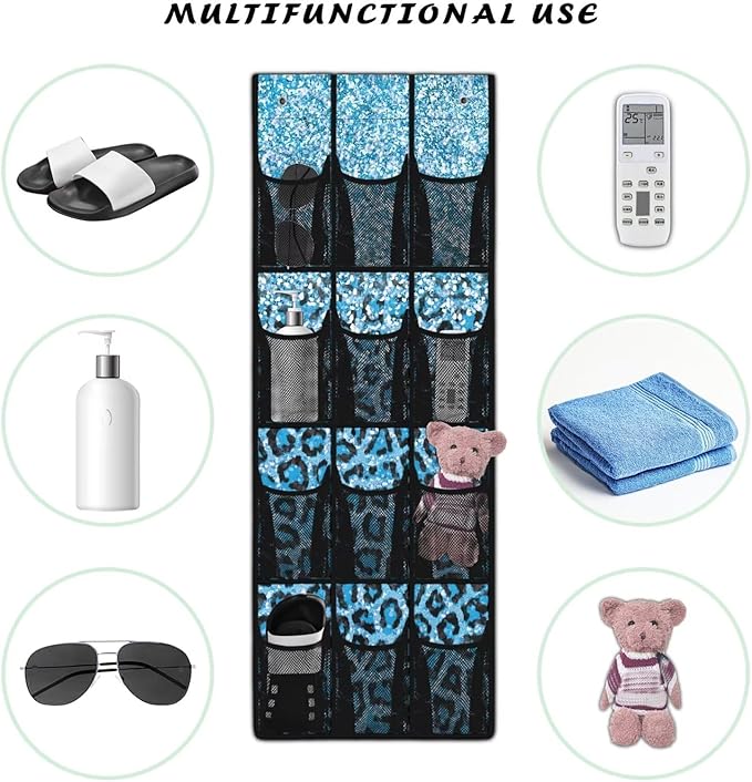 Large Capacity Door Organizer with 12 Pockets, Storage Hanging Bag Behind the Door for Accessories and Essentials, Foldable and Space Saving Design for Home Use, Shiny Blue Leopard Print