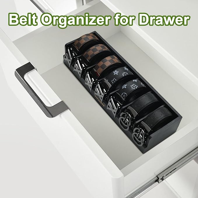 Belt Organizer, 7 Compartments Belt Organizer for Closet and Drawer, Belt Holder Case for Tie and Belt, Bamboo Storage Box for Men and Women (Black, 7)