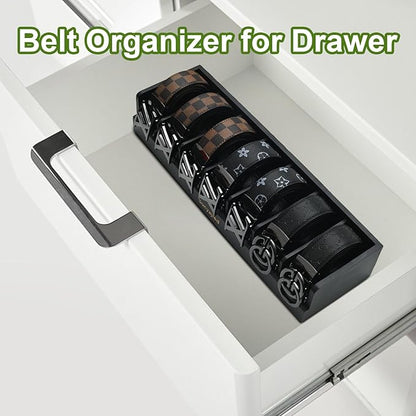 Belt Organizer, 7 Compartments Belt Organizer for Closet and Drawer, Belt Holder Case for Tie and Belt, Bamboo Storage Box for Men and Women (Black, 7)