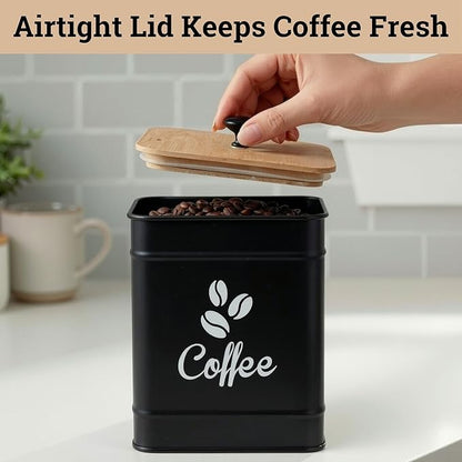 Airtight Coffee Canister - 40 oz Large Iron Black Coffee Container Airtight - 6 x 8 inch Metal Jar - Stylish Countertop Container for Coffee Grounds, Beans, Pods & More with Rubber-Lined Bamboo Lid