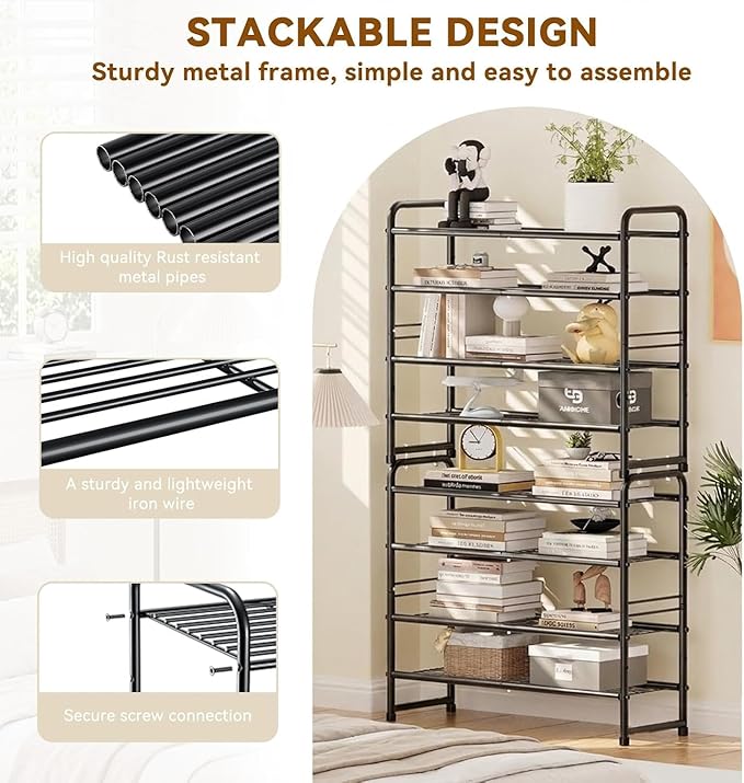 Standard Shoe Rack 4-Tier 32.5 Inches Wide, Free Standing Shoe Organizer for Indoor Outdoor | Adjustable Heavy-Duty Metal Shelf Ideal for Home Entryway Closet & Garage Balcony | Black