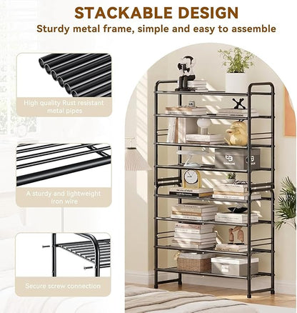 Standard Shoe Rack 4-Tier 32.5 Inches Wide, Free Standing Shoe Organizer for Indoor Outdoor | Adjustable Heavy-Duty Metal Shelf Ideal for Home Entryway Closet & Garage Balcony | Black