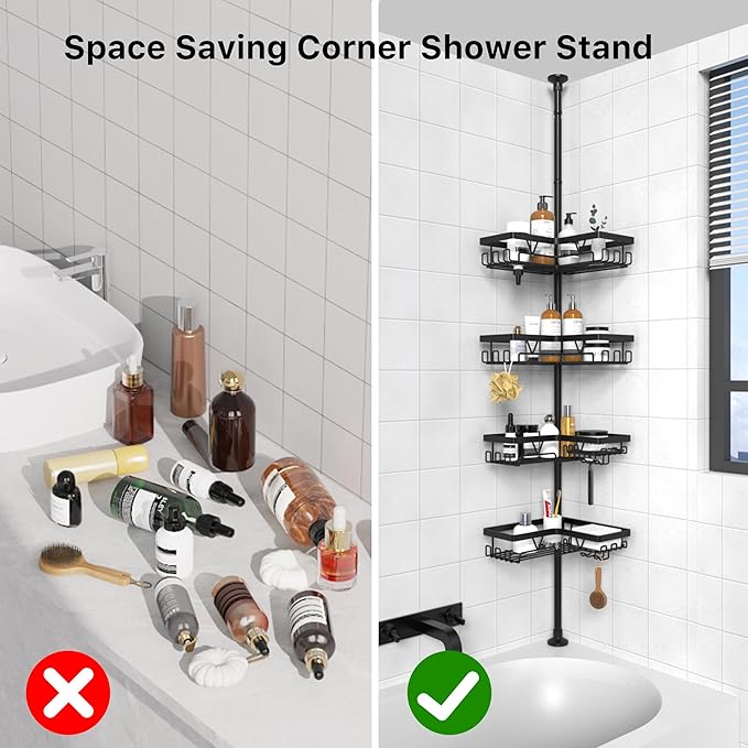 KEGII Corner Shower Caddy Tension Pole - Shower Tension Rod Organizer, Floor to Ceiling Shower Caddy 25-114.2 inch, Towel Rack Corner Waterproof, Black