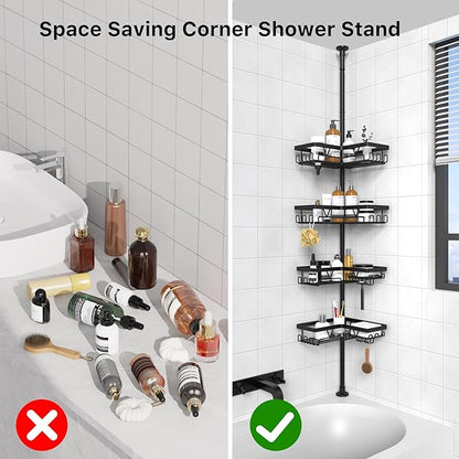KEGII Corner Shower Caddy Tension Pole - Shower Tension Rod Organizer, Floor to Ceiling Shower Caddy 25-114.2 inch, Towel Rack Corner Waterproof, Black