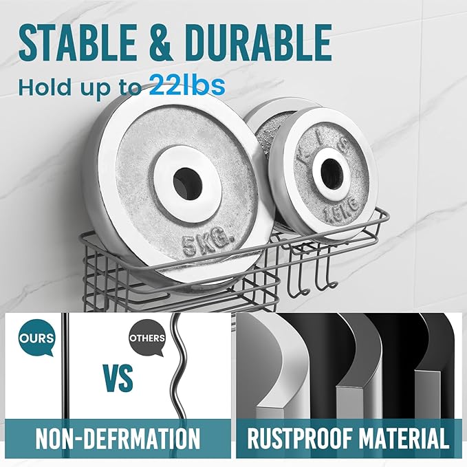 TAILI Shower Caddy Suction Cup with Hooks & Soap Holder, Heavy Duty Bathroom Shower Organizer, No Drilling Shower Shelves for Inside Bathroom, Metal Storage Holder-Grey