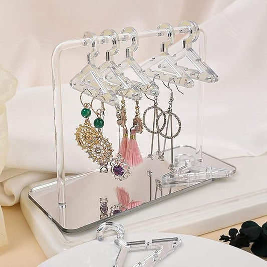 Earring Hanger Rack with 8 Mini Coat Hangers, Acrylic Earring Holder Display Stand, Ear Studs Hanging Earrings Organizer For Women Girls, Silver