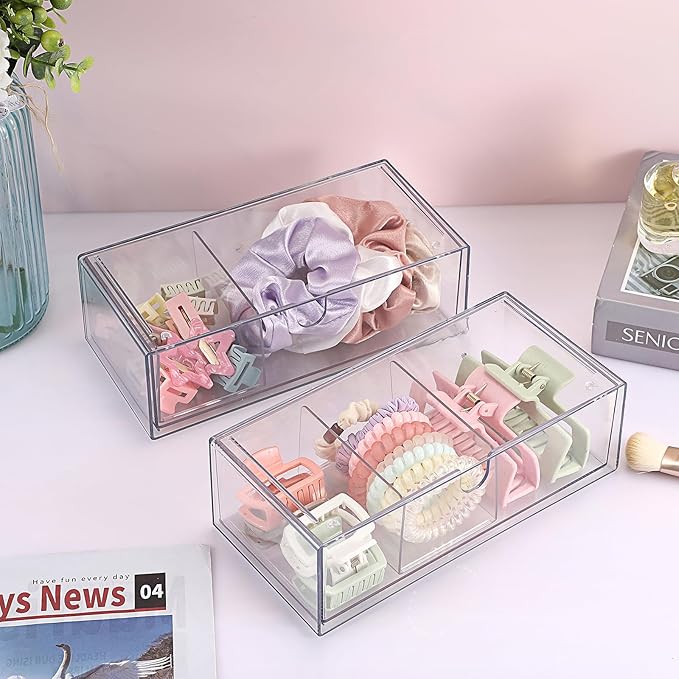Hipiwe 2-Tier Acrylic Storage Drawer Stackable Box Hair Accessories Organizer Clear Desktop Organizer with Removable Dividers for Vanity Bathroom