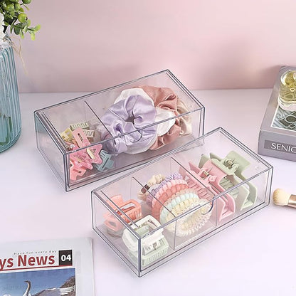 Hipiwe 2-Tier Acrylic Storage Drawer Stackable Box Hair Accessories Organizer Clear Desktop Organizer with Removable Dividers for Vanity Bathroom