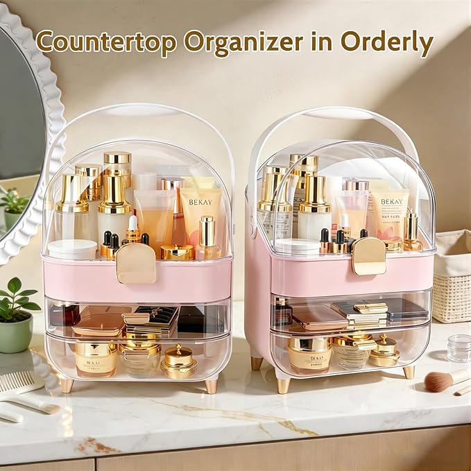 Makeup Organizer with 360 Rotating Brush Holder, Large Skincare Organizer for Vanity, Dustproof Cosmetic Display Case with 2 Drawers for Bathroom Countertop, 16" Tall Portable Beauty Storage,pink
