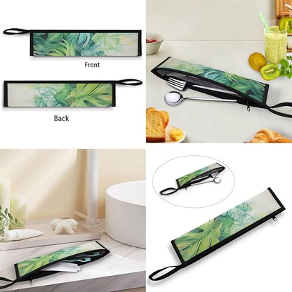COEQINE Hawaii Style Utensil Holder Green Leave Cutlery Pouch Metal Straws Case With Handle Portable Travel Accessories Work Travel Barbecue，Coconut Tress Tropical Pattern