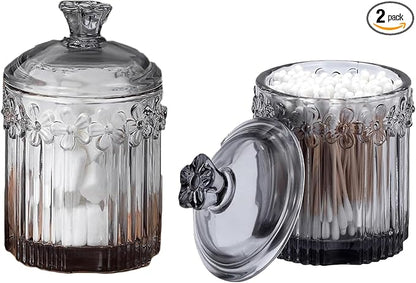 2 Pack Q-tip Holder Glass Apothecary Jars with Lids 3.35" Wide, 4.92" Height Stylish and Functional Storage for Bathroom or Vanity, Grey