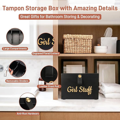 100% Solid Wood Tampon Holder Box with Lid, Copper Leather Pull, Absolute Real Wood Bathroom Decorative Box for Feminine Product Storage and Accessories such as Tampons, Cotton Balls, Gifts for Women