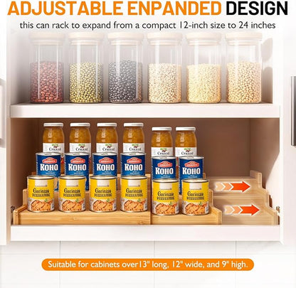 Bamboo Expandable Can Rack Organizer for Pantry, Stackable 3 Tier Canned Food Organizers and Storage, Kitchen Cabinet, Can Holders Dispensers for Pantry Up To 24 Cans