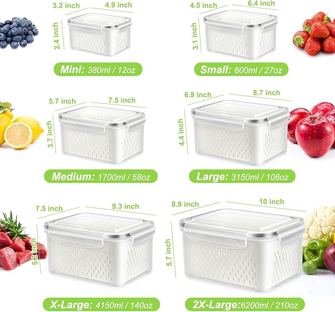 12 Pieces Fruit Storage Containers For Fridge, 6 Pack BPA-Free Fresh Food Containers with Removable Colanders and Airtight Lids, Fresh for Fruit Berry Produce Vegetable, Dishwasher & Microwave Safe