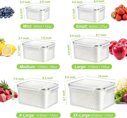 12 Pieces Fruit Storage Containers For Fridge, 6 Pack BPA-Free Fresh Food Containers with Removable Colanders and Airtight Lids, Fresh for Fruit Berry Produce Vegetable, Dishwasher & Microwave Safe