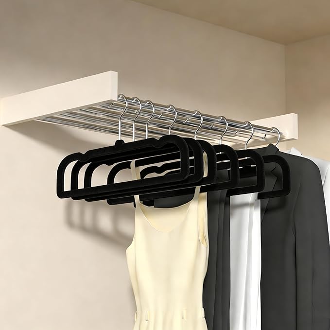 60 Pack Black Velvet Pants Hangers, Flocked Pants Hangers, Felt Clothes Hanger Heavy Duty Non Slip, Space-Saving Clothing Hanger with 360 Swivel Hook for Coat Jeans Shorts Skirts Tank Top