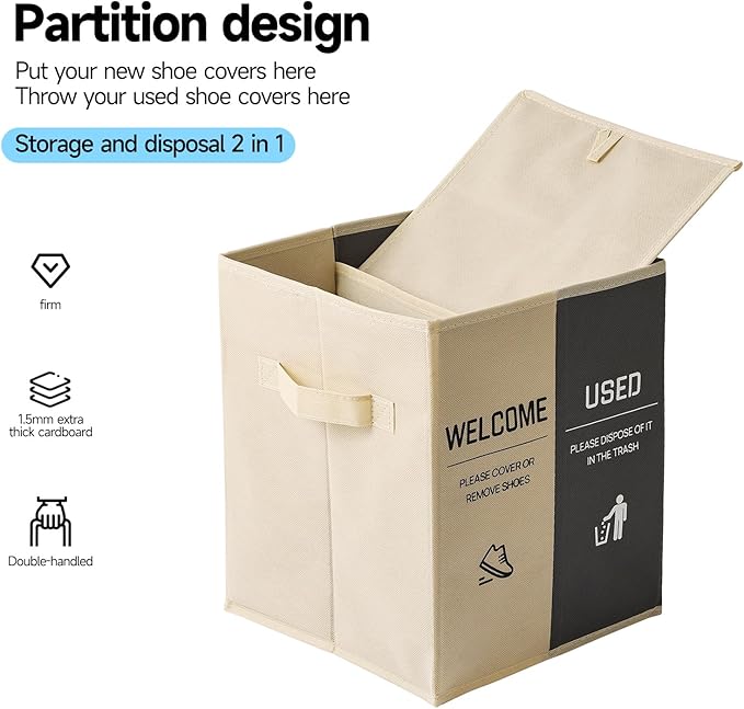 Foldable Shoe Cover Box Dispenser Storage Box Storage Bin Holder with Used Shoe Covers and Welcome Please or Remove Sign for Open House Supplies (Beige, Gray)