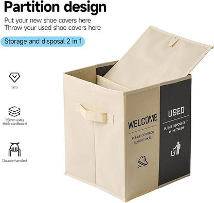 Foldable Shoe Cover Box Dispenser Storage Box Storage Bin Holder with Used Shoe Covers and Welcome Please or Remove Sign for Open House Supplies (Beige, Gray)