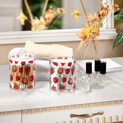 2 Pack Qtip Holder Dispenser for Cotton Ball Strawberry Cherry Red Swab Round Pads Clear Plastic Acrylic Jar Set Bathroom Canister