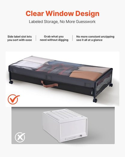 VEVOR Under Bed Storage with Wheels, 36.0 x 18.1 x 7.3 inch, Underbed Containers with Clear Lid, Underbed Shoe Organizer, Rolling Under the Bed Storage Bins for Clothes Shoes Blankets Bedroom, 2 Pack