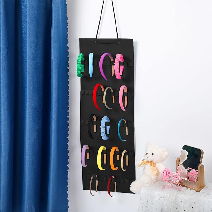 Tudomro Hanging Headband Holder for Girls Felt Hair Accessories Organizer with 60 Elastic Bands Bow Hanger for Girls Hair Bows Without Headbands(Black,Plain Style)