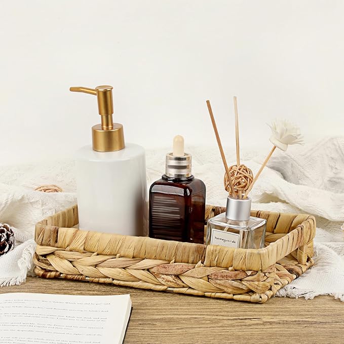 Bathroom Vanity Tray, Water Hyacinth Narrow Counter Tray with Handles, Decorative Woven Organizer Trays for Toilet Tank, Shelves, Farmhouse Hand Towels Basket Holder for Storage (Small)