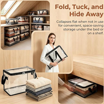 Large Heavy-Duty Thick Plastic Clear Storage Bag for Clothes, Moving & Storage, 2026 Upgraded with Reinforced Handles & Zipper, Stackable Foldable Bins Totes Bags (White, 1Pcs)