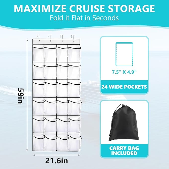 Esoes Cruise Ship Magnetic Door Organizer, 24 Pockets Magnetic Behind the Door Shoe Rack-4 Strong Anti-Scratch Magnets, Over the Door Organizer Cruise Essentials Storage for Cruise Cabin Travel