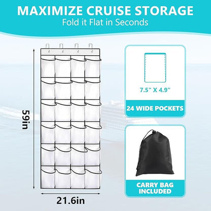 Esoes Cruise Ship Magnetic Door Organizer, 24 Pockets Magnetic Behind the Door Shoe Rack-4 Strong Anti-Scratch Magnets, Over the Door Organizer Cruise Essentials Storage for Cruise Cabin Travel