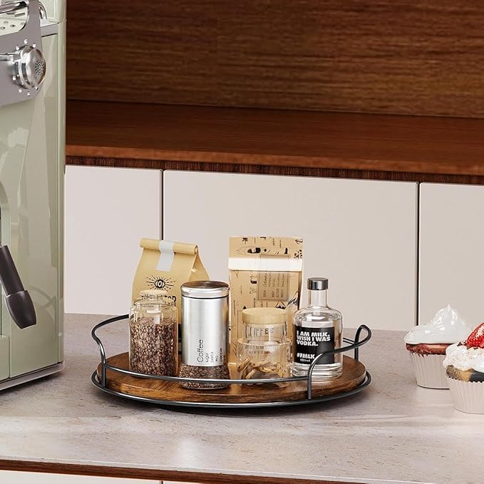 LAMU 2 Pack 9'' 11'' Lazy Susan Turntable Organizer for Table Top Cabinet, Wooden Lazy Susan for Kitchen, Pantry, Countertop, Bathroom Vanity, Spice Organization, Wood Decor