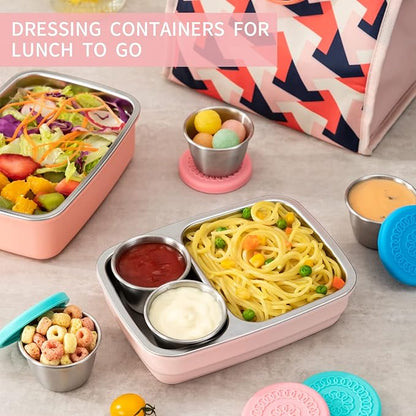 Freshmage [12 Pack 2.4oz Stainless Steel Dressing Container with Silicone Lids, Reusable Leakproof Condiment Containers Small Sauce Container Sets