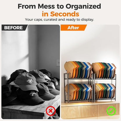 Cinati 2-Tier Hat Organizer for Baseball Caps, 18 Capacity Freestanding Baseball Cap Rack, Metal & Wood Hat Storage for Closet Entryway Bedroom, Black Cap Holder Stand, Gifts for Men Dad