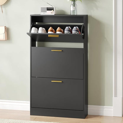 Shoe Cabinet with 3 Flip Drawers, Shoe Cabinet Storage for Entryway, Black Modern Shoe Organizer Wood, Freestanding Small Thin Shoe Racks with Doors, Black