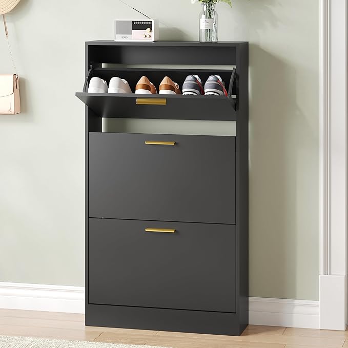 Shoe Cabinet Storage for Entryway, White Shoe Organizer with 2 Flip Drawers & Open Shelf, Freestanding Hidden Large Shoe Storage Cabinet (1pc-Black, 3 Flip Drawers)